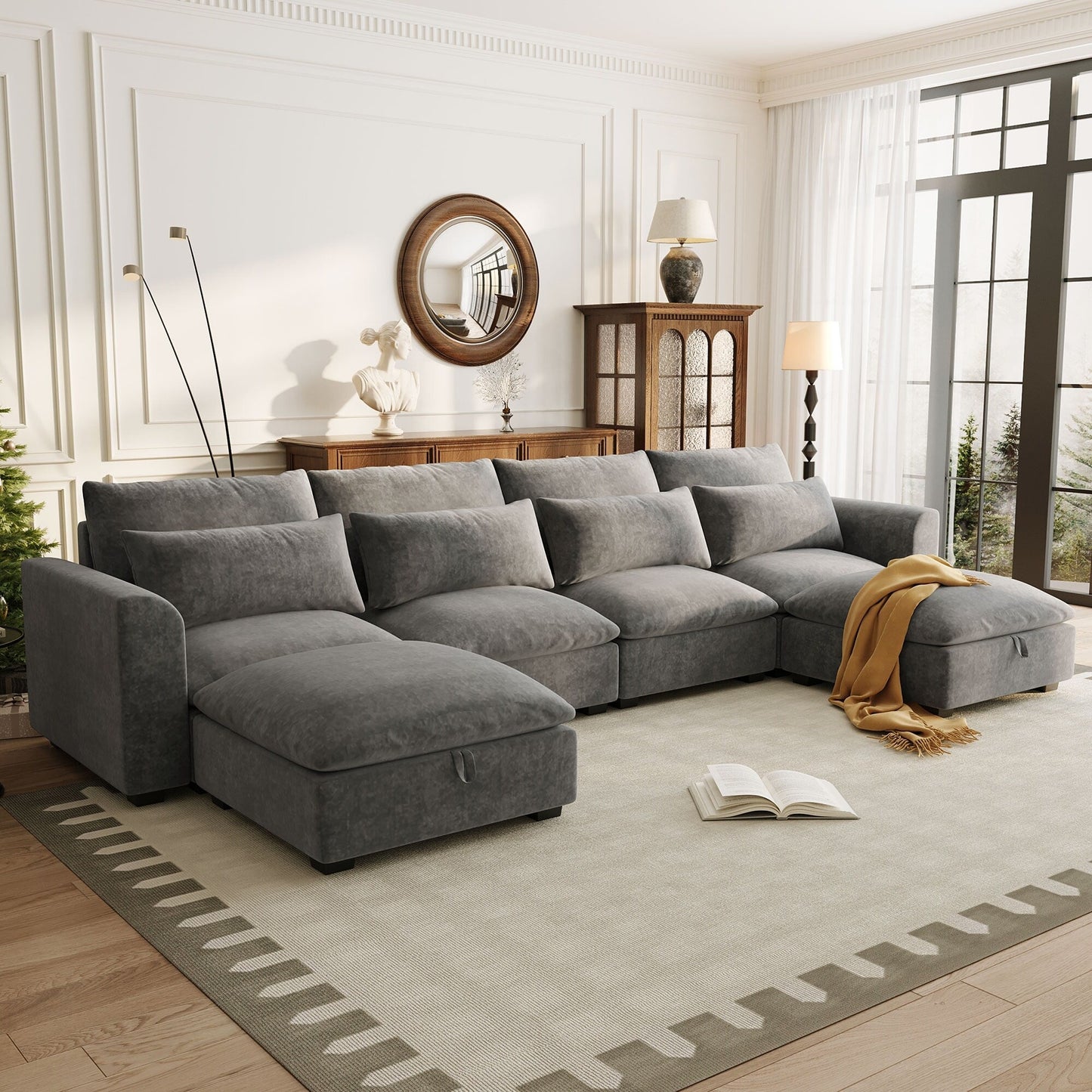 Divano componibile a 6 posti a forma di U rivestito in lino con 2 pouf contenitore mobili per home theater in soggiorno