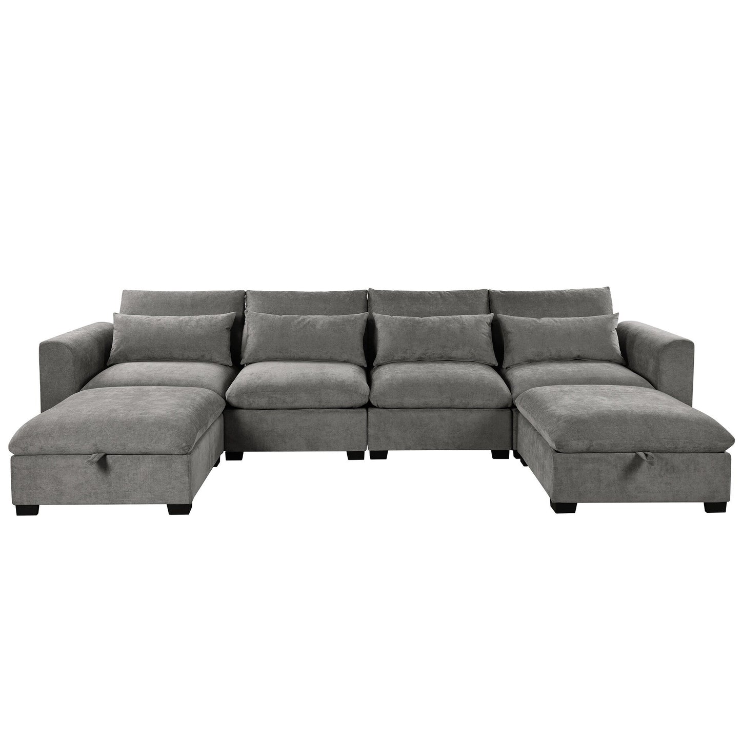 Divano componibile a 6 posti a forma di U rivestito in lino con 2 pouf contenitore mobili per home theater in soggiorno