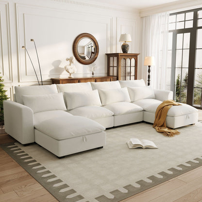 Divano componibile a 6 posti a forma di U rivestito in lino con 2 pouf contenitore mobili per home theater in soggiorno