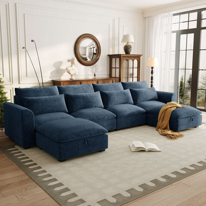 Divano componibile a 6 posti a forma di U rivestito in lino con 2 pouf contenitore mobili per home theater in soggiorno