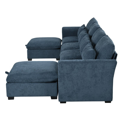 Divano componibile a 6 posti a forma di U rivestito in lino con 2 pouf contenitore mobili per home theater in soggiorno