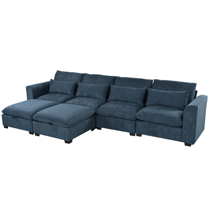 Divano componibile a 6 posti a forma di U rivestito in lino con 2 pouf contenitore mobili per home theater in soggiorno