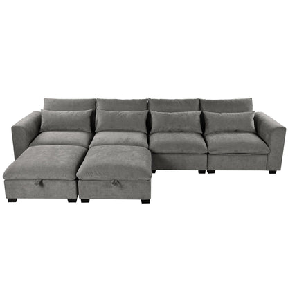 Divano componibile a 6 posti a forma di U rivestito in lino con 2 pouf contenitore mobili per home theater in soggiorno