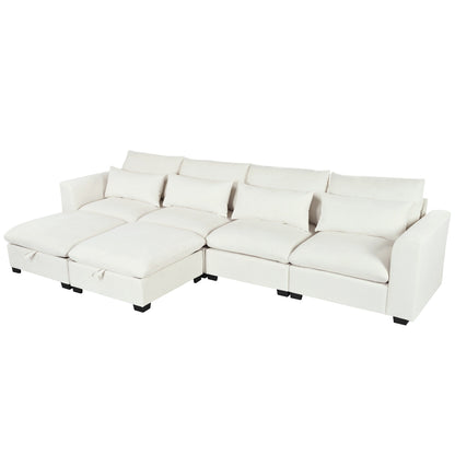 Divano componibile a 6 posti a forma di U rivestito in lino con 2 pouf contenitore mobili per home theater in soggiorno