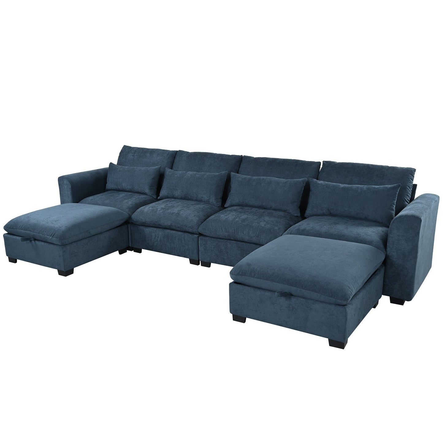 Divano componibile a 6 posti a forma di U rivestito in lino con 2 pouf contenitore mobili per home theater in soggiorno