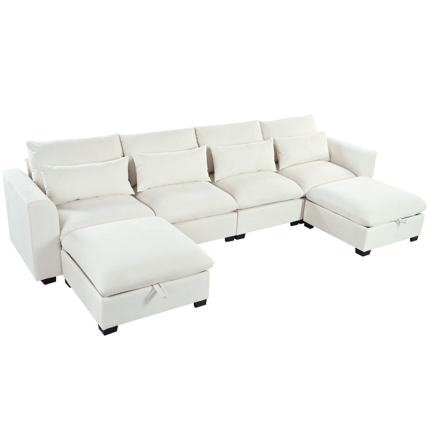 Divano componibile a 6 posti a forma di U rivestito in lino con 2 pouf contenitore mobili per home theater in soggiorno