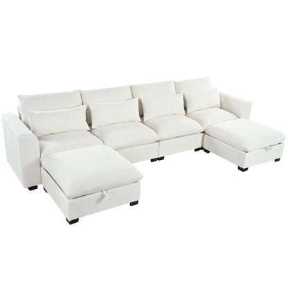 Divano componibile a 6 posti a forma di U rivestito in lino con 2 pouf contenitore mobili per home theater in soggiorno