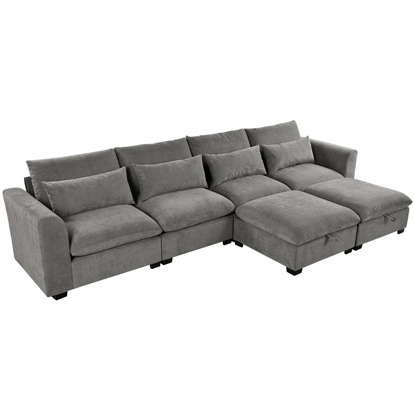 Divano componibile a 6 posti a forma di U rivestito in lino con 2 pouf contenitore mobili per home theater in soggiorno