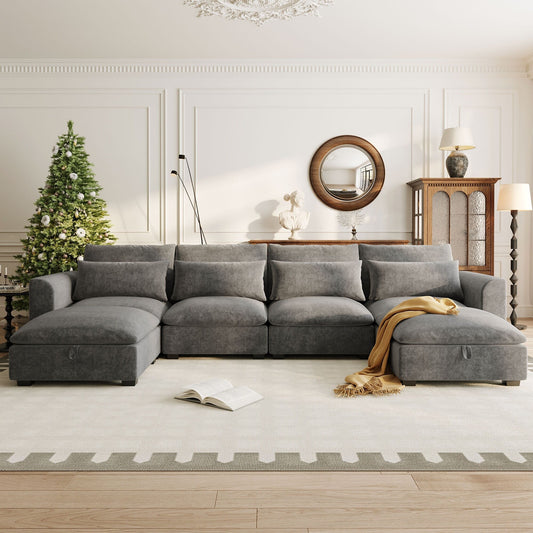 Divano componibile a 6 posti a forma di U rivestito in lino con 2 pouf contenitore mobili per home theater in soggiorno