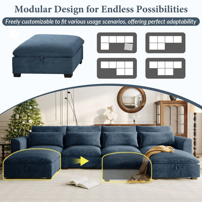 Divano componibile a 6 posti a forma di U rivestito in lino con 2 pouf contenitore mobili per home theater in soggiorno