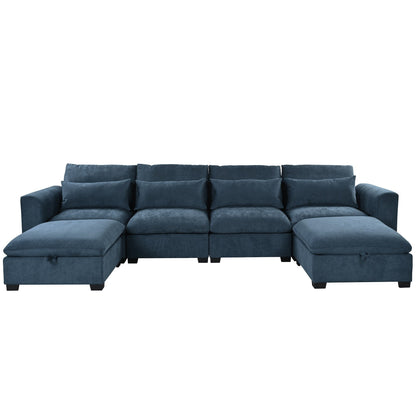Divano componibile a 6 posti a forma di U rivestito in lino con 2 pouf contenitore mobili per home theater in soggiorno