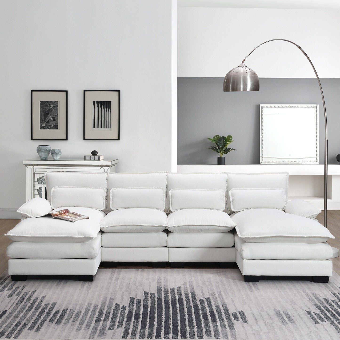 Divano componibile a U con cuscini in vita, divano simmetrico imbottito a 6 posti, divano letto con chaise longue