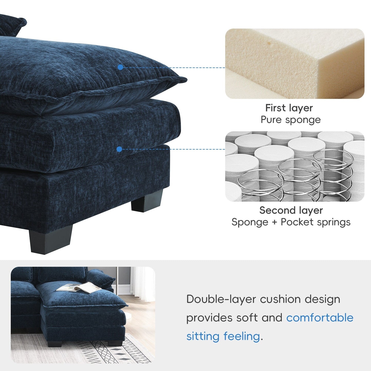 Divano componibile a U con cuscini in vita, divano simmetrico imbottito a 6 posti, divano letto con chaise longue