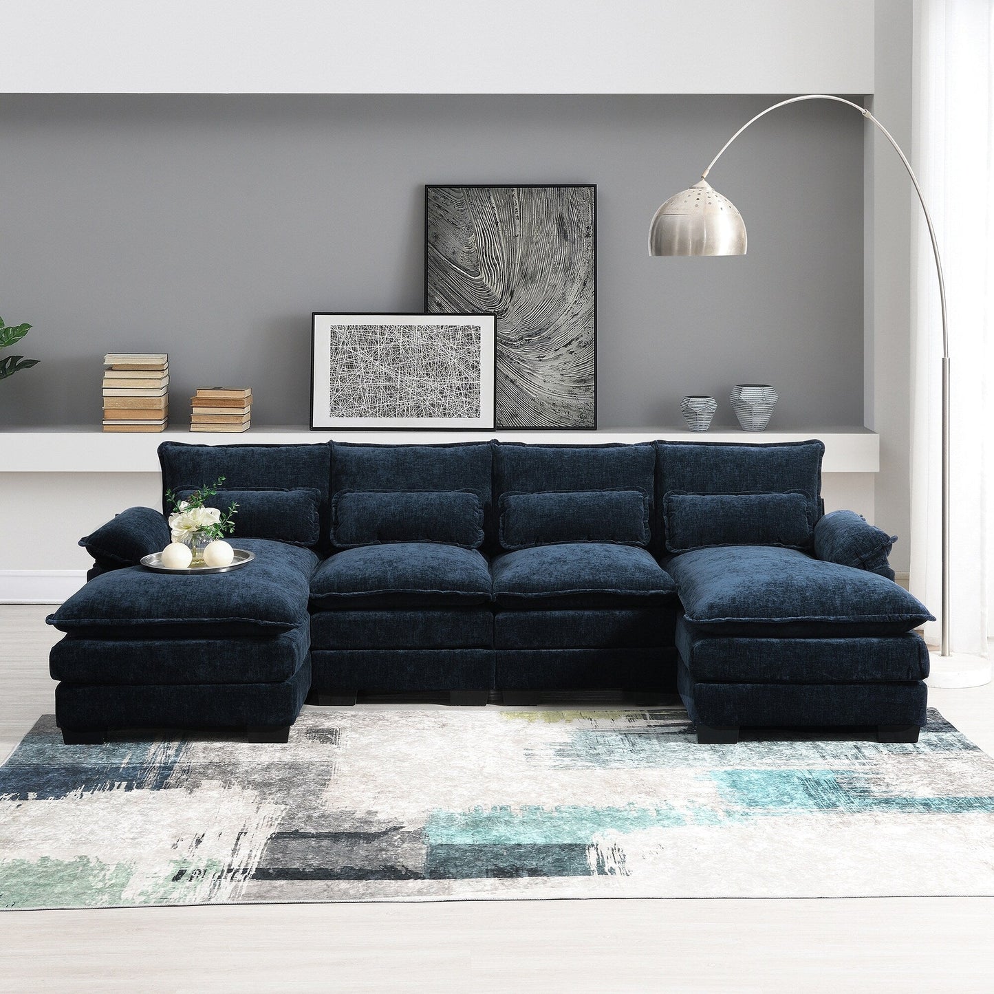 Divano componibile a U con cuscini in vita, divano simmetrico imbottito a 6 posti, divano letto con chaise longue