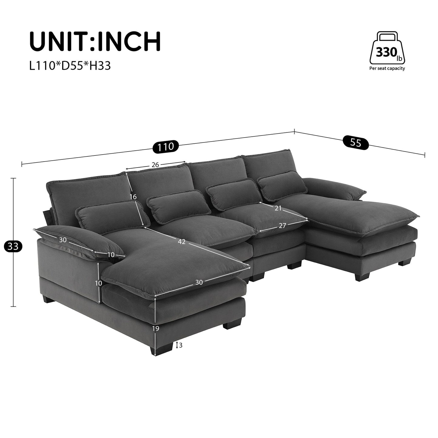 Divano componibile a U con cuscini in vita, divano simmetrico imbottito a 6 posti, divano letto con chaise longue