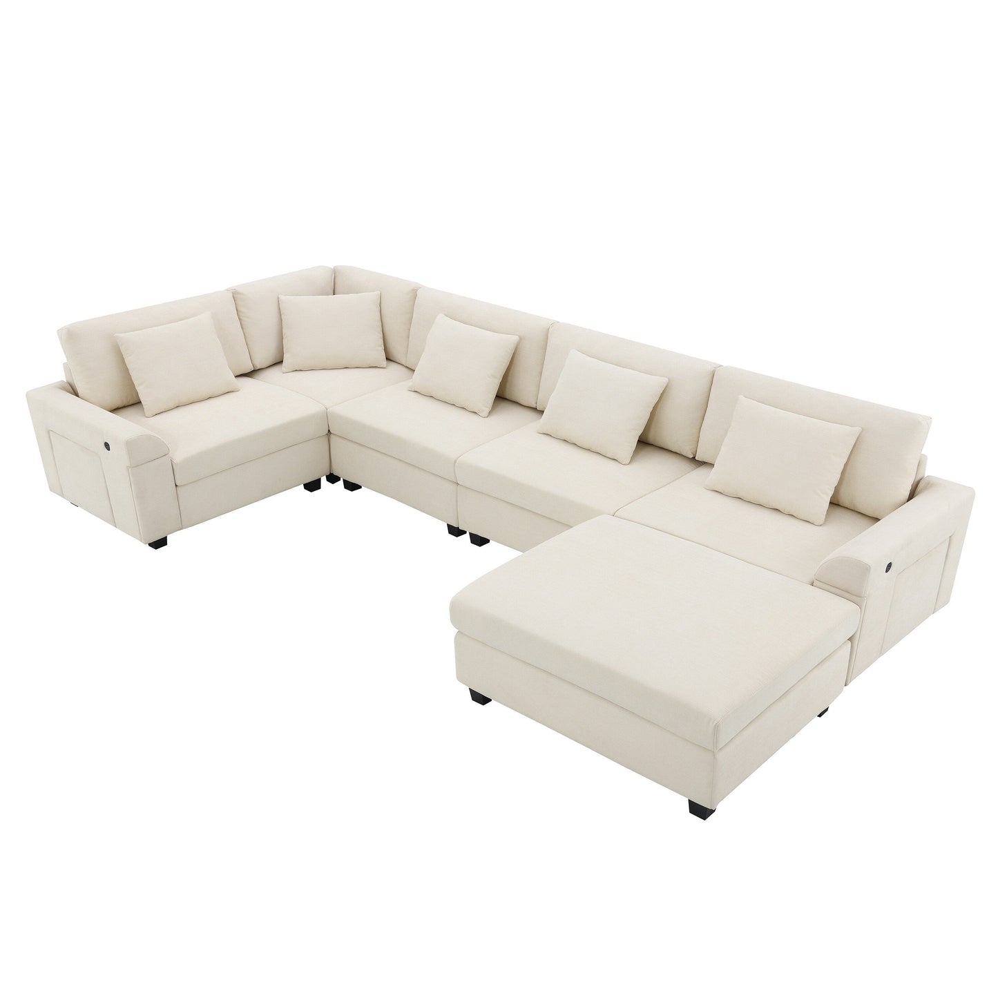 Divano componibile a U, set di divani in ciniglia con pouf, braccioli nascosti e portabicchieri, porte di ricarica USB