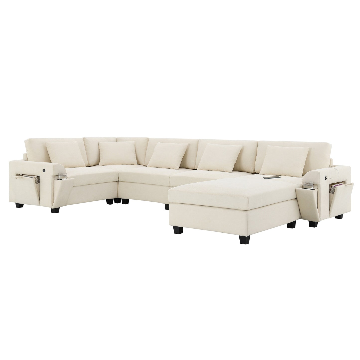 Divano componibile a U, set di divani in ciniglia con pouf, braccioli nascosti e portabicchieri, porte di ricarica USB