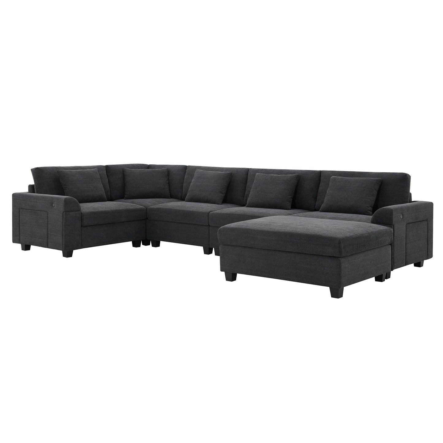 Divano componibile a U, set di divani in ciniglia con pouf, braccioli nascosti e portabicchieri, porte di ricarica USB