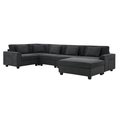 Divano componibile a U, set di divani in ciniglia con pouf, braccioli nascosti e portabicchieri, porte di ricarica USB