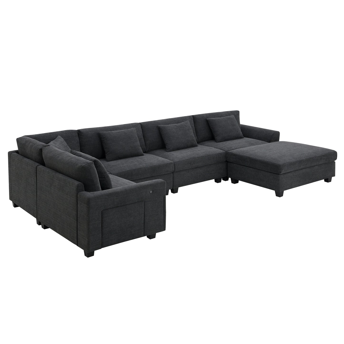 Divano componibile a U, set di divani in ciniglia con pouf, braccioli nascosti e portabicchieri, porte di ricarica USB