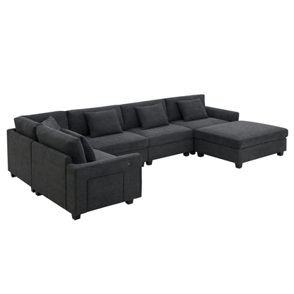 Divano componibile a U, set di divani in ciniglia con pouf, braccioli nascosti e portabicchieri, porte di ricarica USB