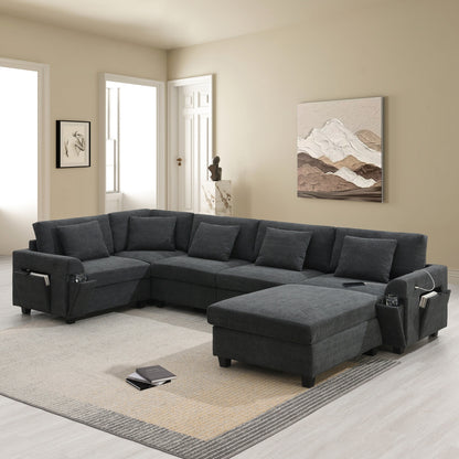Divano componibile a U, set di divani in ciniglia con pouf, braccioli nascosti e portabicchieri, porte di ricarica USB