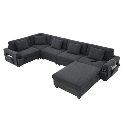 Divano componibile a U, set di divani in ciniglia con pouf, braccioli nascosti e portabicchieri, porte di ricarica USB