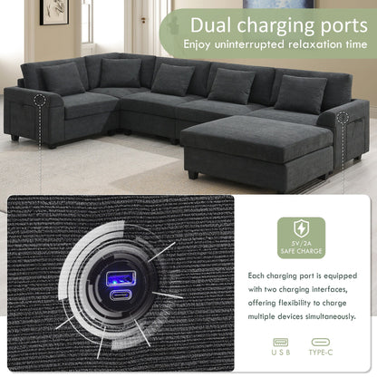 Divano componibile a U, set di divani in ciniglia con pouf, braccioli nascosti e portabicchieri, porte di ricarica USB