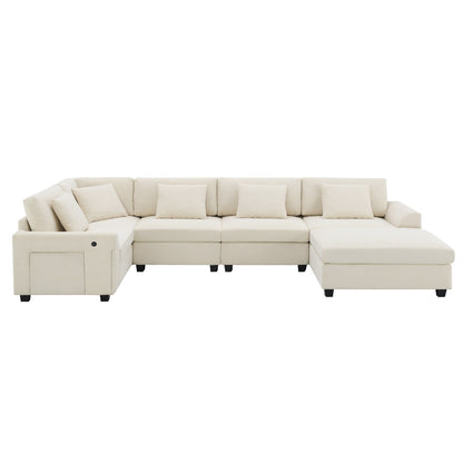 Divano componibile a U, set di divani in ciniglia con pouf, braccioli nascosti e portabicchieri, porte di ricarica USB
