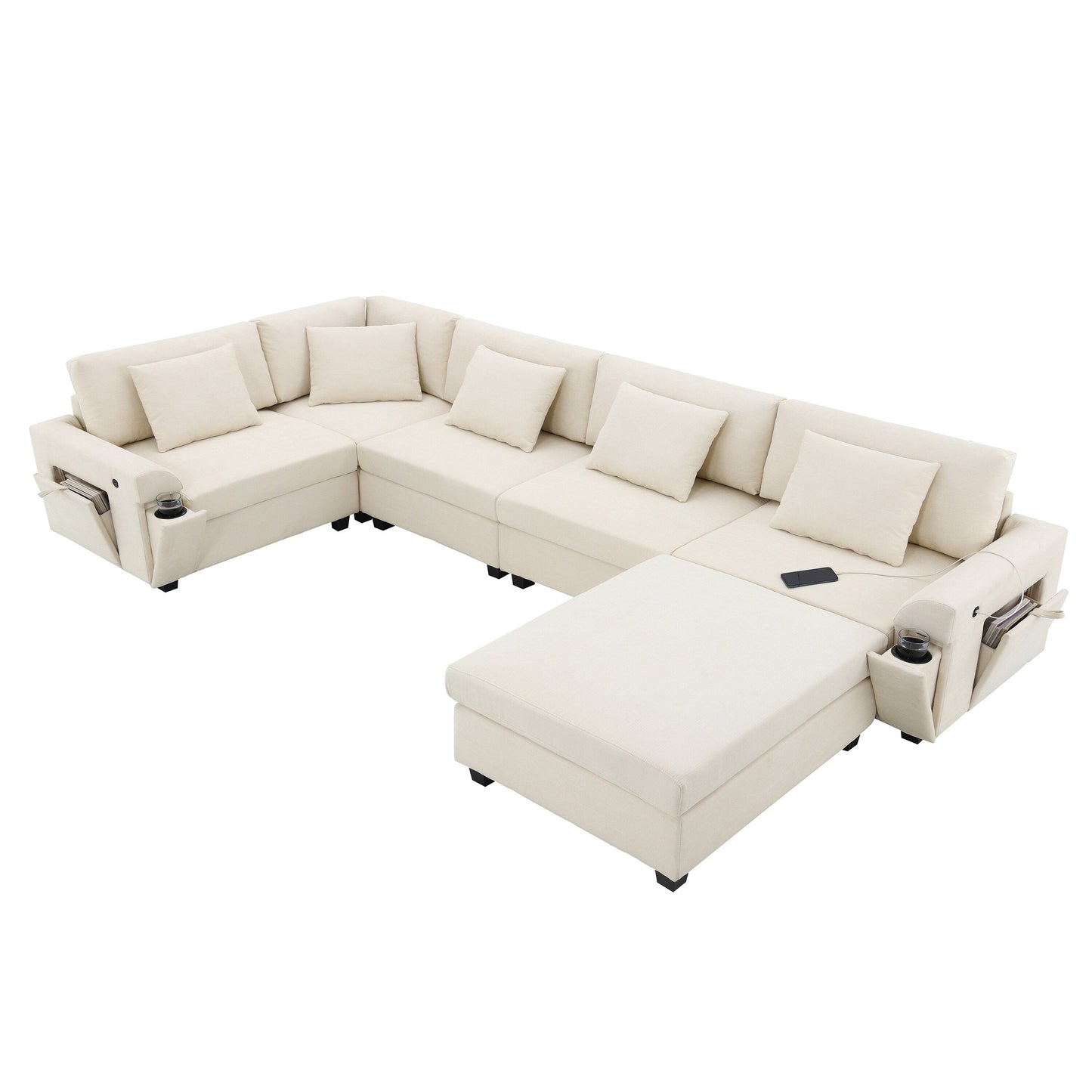 Divano componibile a U, set di divani in ciniglia con pouf, braccioli nascosti e portabicchieri, porte di ricarica USB