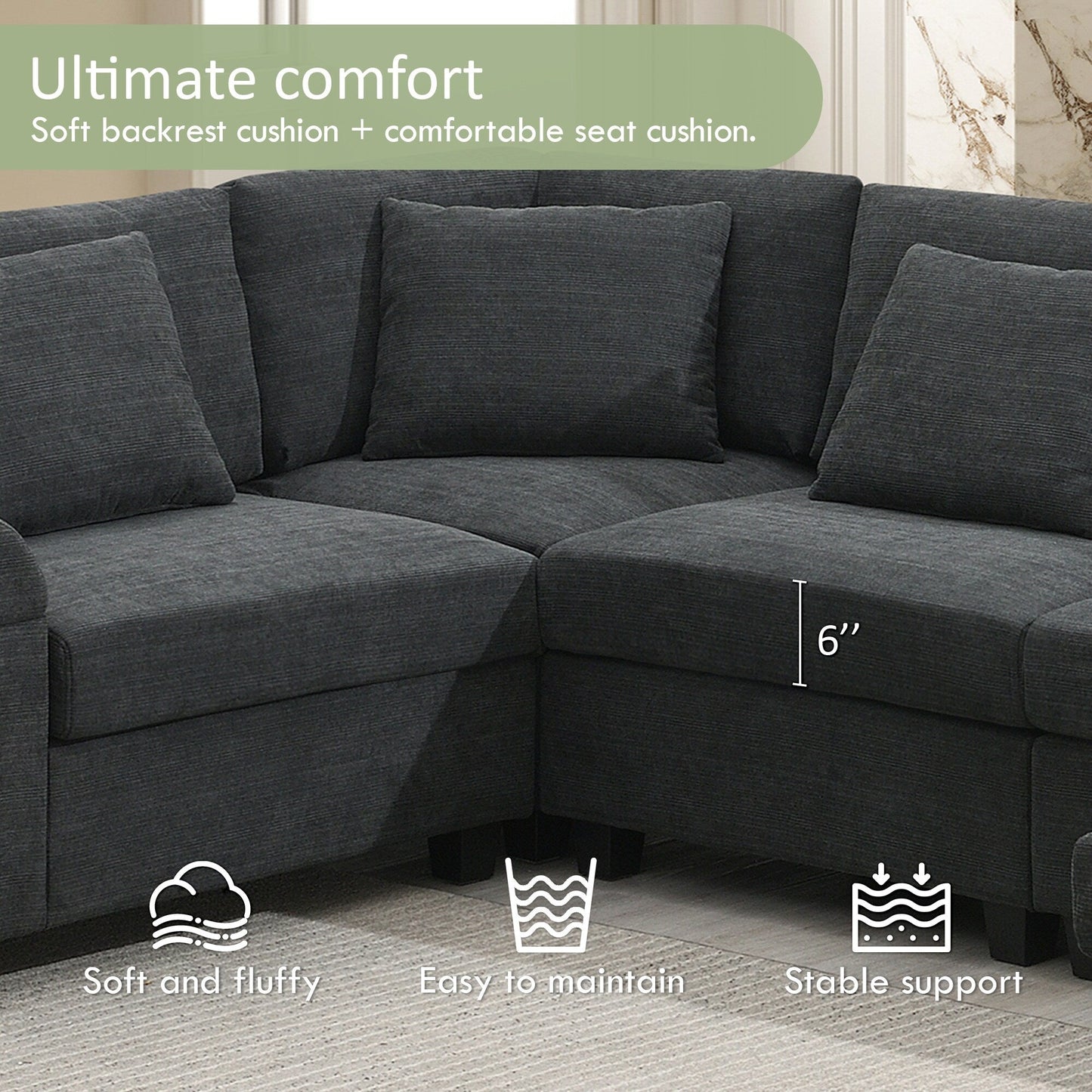 Divano componibile a U, set di divani in ciniglia con pouf, braccioli nascosti e portabicchieri, porte di ricarica USB