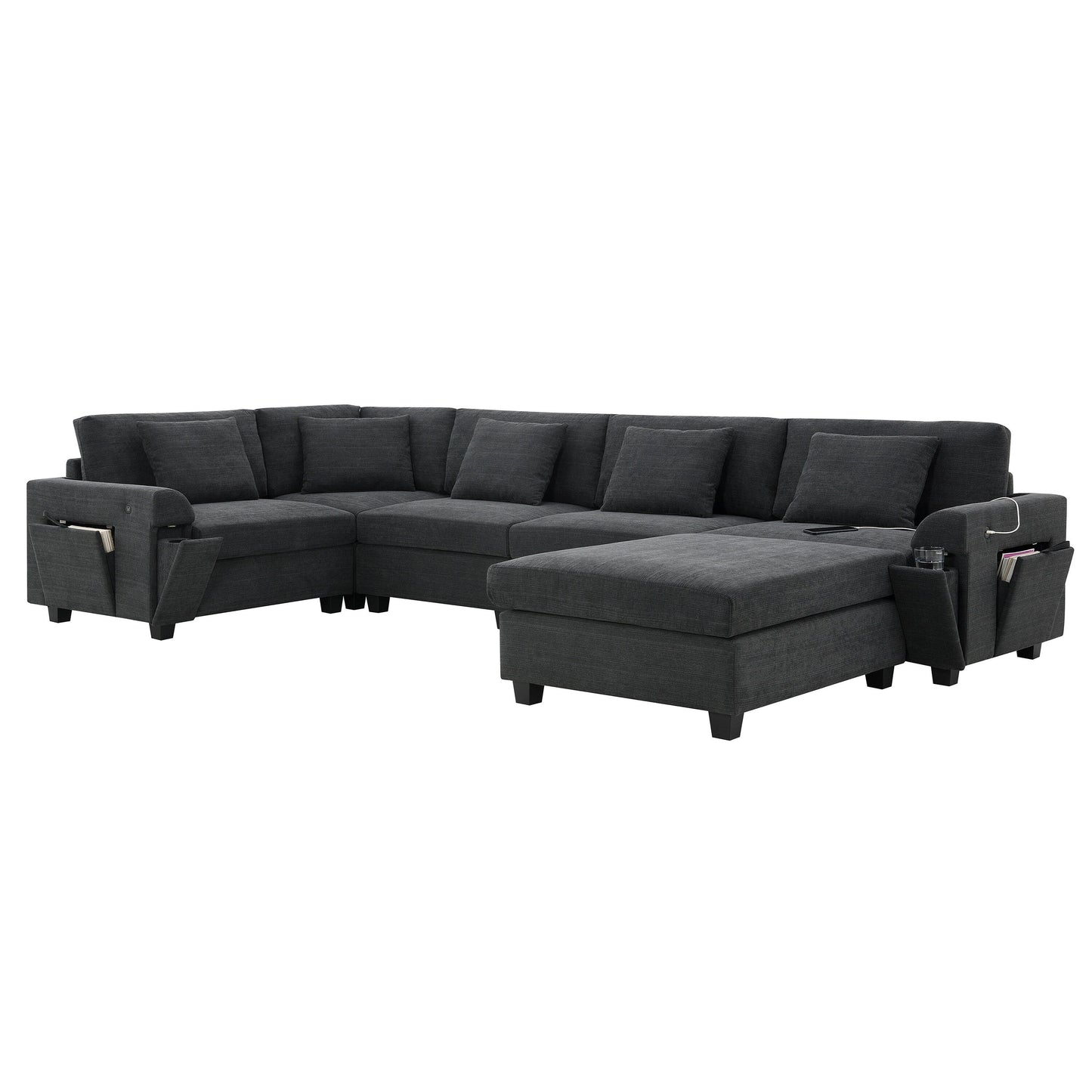 Divano componibile a U, set di divani in ciniglia con pouf, braccioli nascosti e portabicchieri, porte di ricarica USB