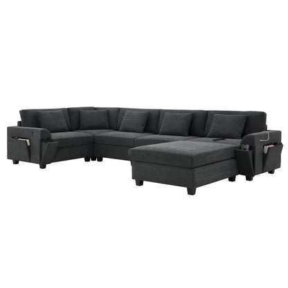 Divano componibile a U, set di divani in ciniglia con pouf, braccioli nascosti e portabicchieri, porte di ricarica USB