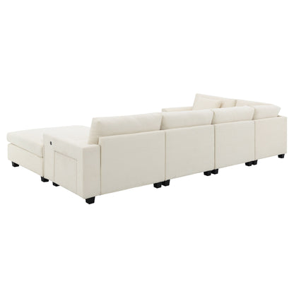 Divano componibile a U, set di divani in ciniglia con pouf, braccioli nascosti e portabicchieri, porte di ricarica USB