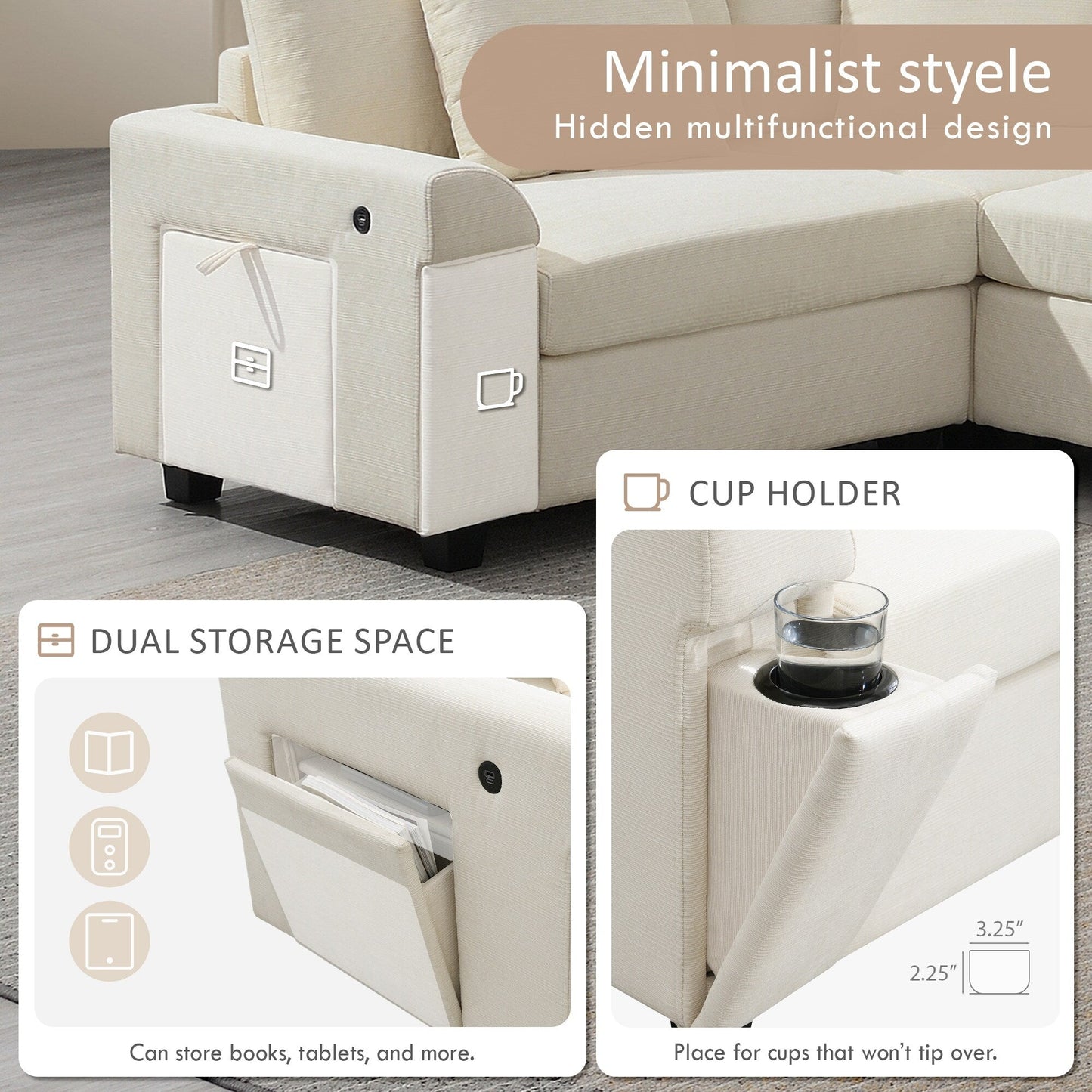 Divano componibile a U, set di divani in ciniglia con pouf, braccioli nascosti e portabicchieri, porte di ricarica USB