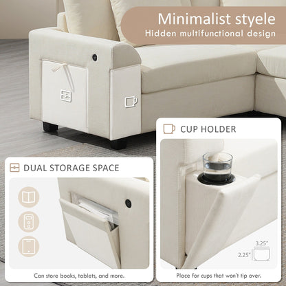 Divano componibile a U, set di divani in ciniglia con pouf, braccioli nascosti e portabicchieri, porte di ricarica USB