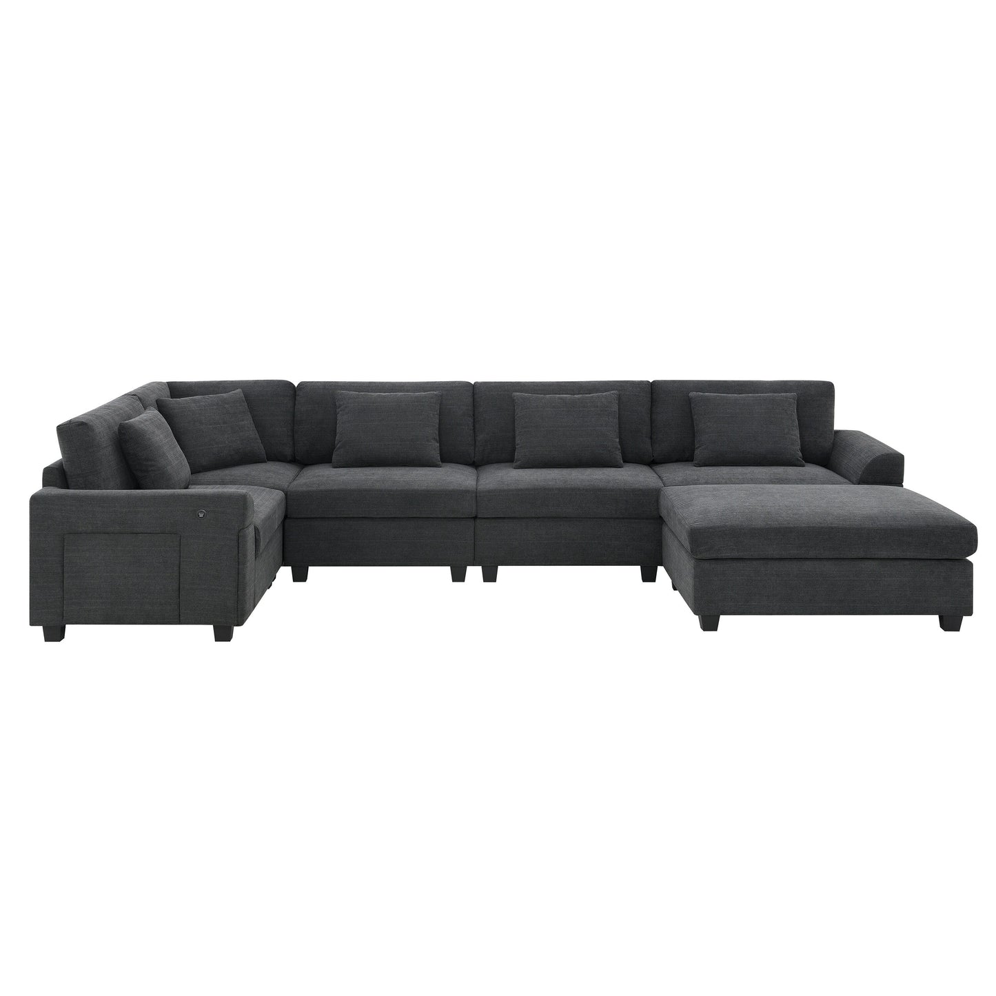 Divano componibile a U, set di divani in ciniglia con pouf, braccioli nascosti e portabicchieri, porte di ricarica USB