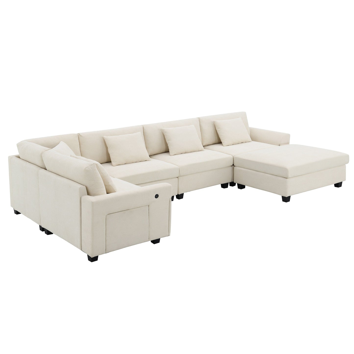 Divano componibile a U, set di divani in ciniglia con pouf, braccioli nascosti e portabicchieri, porte di ricarica USB