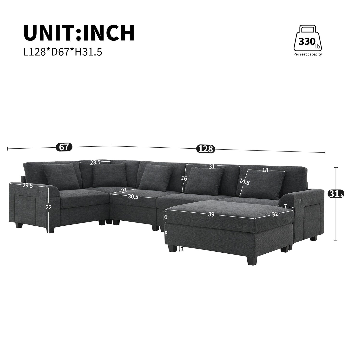 Divano componibile a U, set di divani in ciniglia con pouf, braccioli nascosti e portabicchieri, porte di ricarica USB