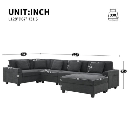 Divano componibile a U, set di divani in ciniglia con pouf, braccioli nascosti e portabicchieri, porte di ricarica USB
