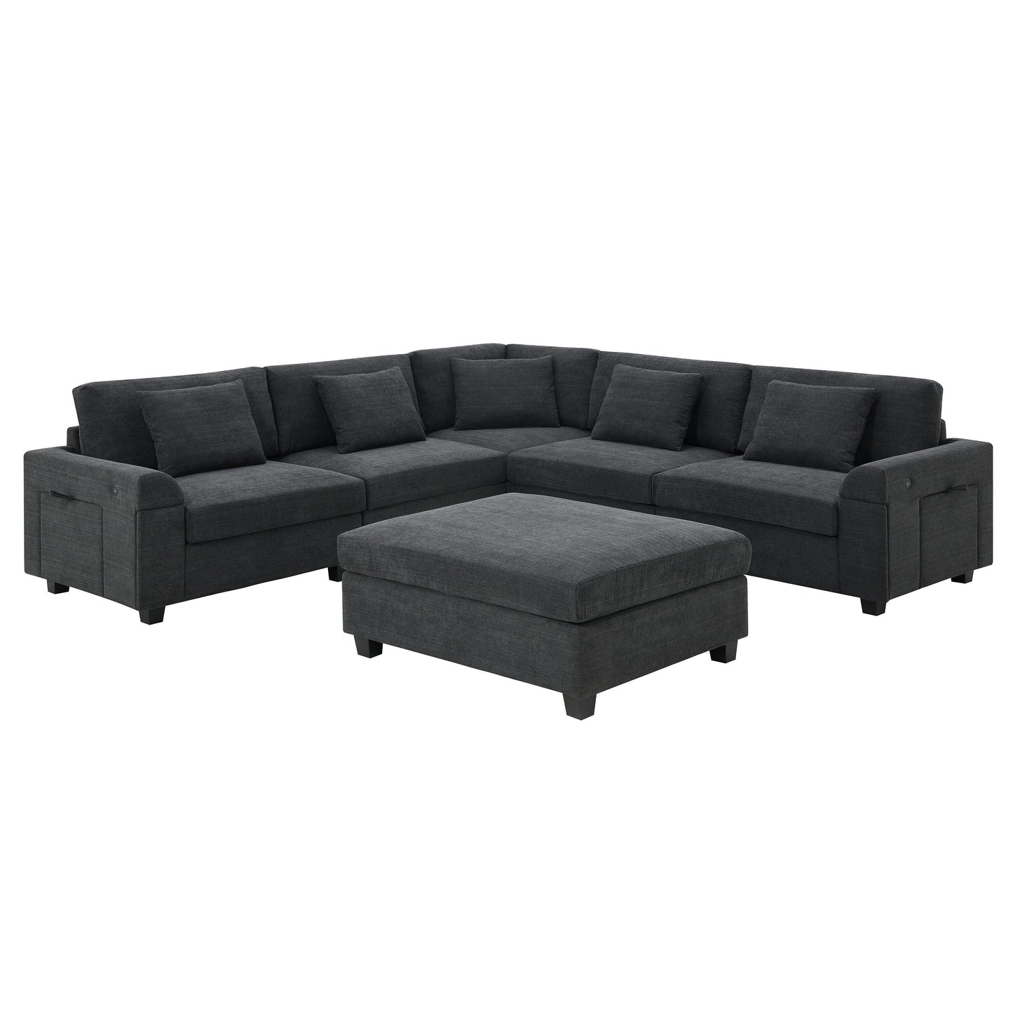 Divano componibile a U, set di divani in ciniglia con pouf, braccioli nascosti e portabicchieri, porte di ricarica USB