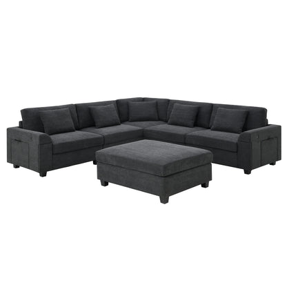 Divano componibile a U, set di divani in ciniglia con pouf, braccioli nascosti e portabicchieri, porte di ricarica USB