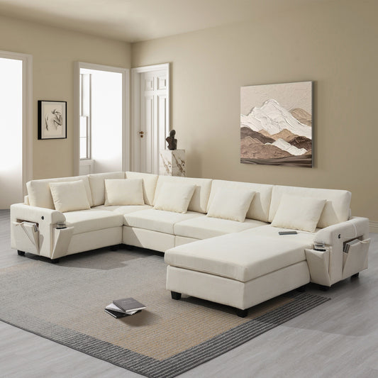 Divano componibile a U, set di divani in ciniglia con pouf, braccioli nascosti e portabicchieri, porte di ricarica USB