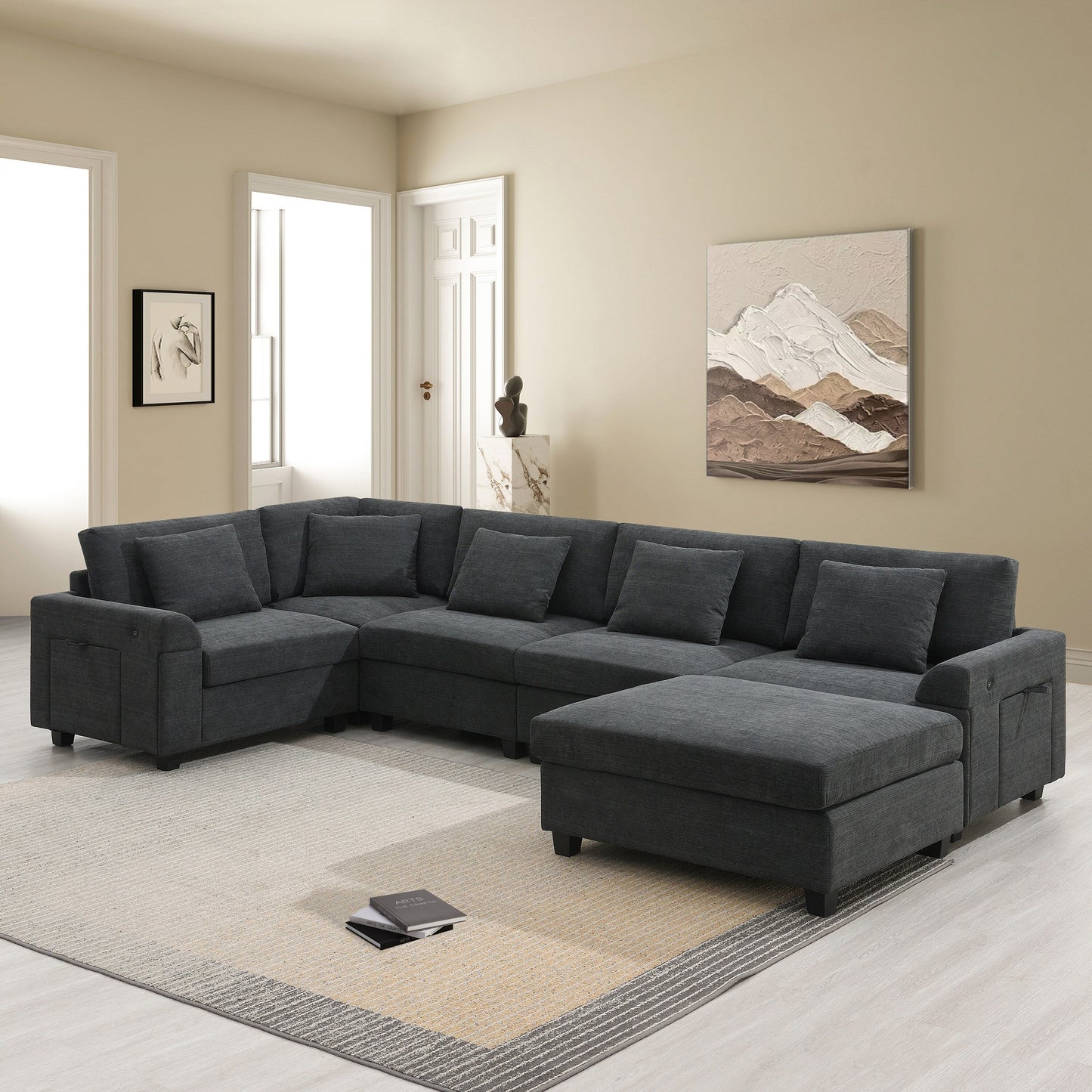Divano componibile a U, set di divani in ciniglia con pouf, braccioli nascosti e portabicchieri, porte di ricarica USB
