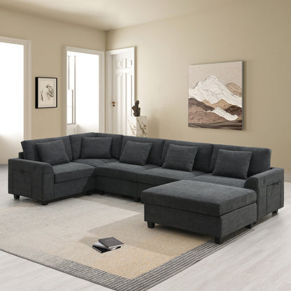 Divano componibile a U, set di divani in ciniglia con pouf, braccioli nascosti e portabicchieri, porte di ricarica USB