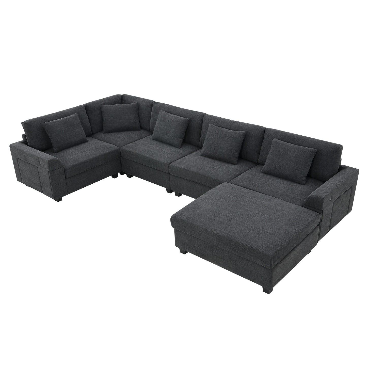 Divano componibile a U, set di divani in ciniglia con pouf, braccioli nascosti e portabicchieri, porte di ricarica USB