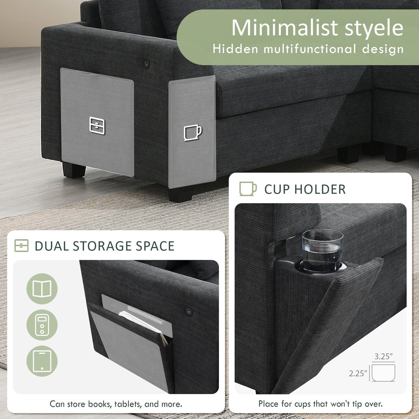 Divano componibile a U, set di divani in ciniglia con pouf, braccioli nascosti e portabicchieri, porte di ricarica USB