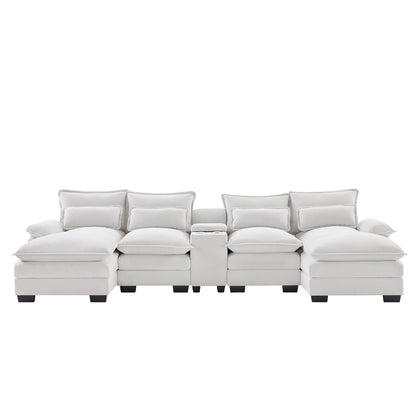 Divano a U con consolle, portabicchieri e porte USB, arredamento da interno simmetrico imbottito, set divano letto con chaise longue