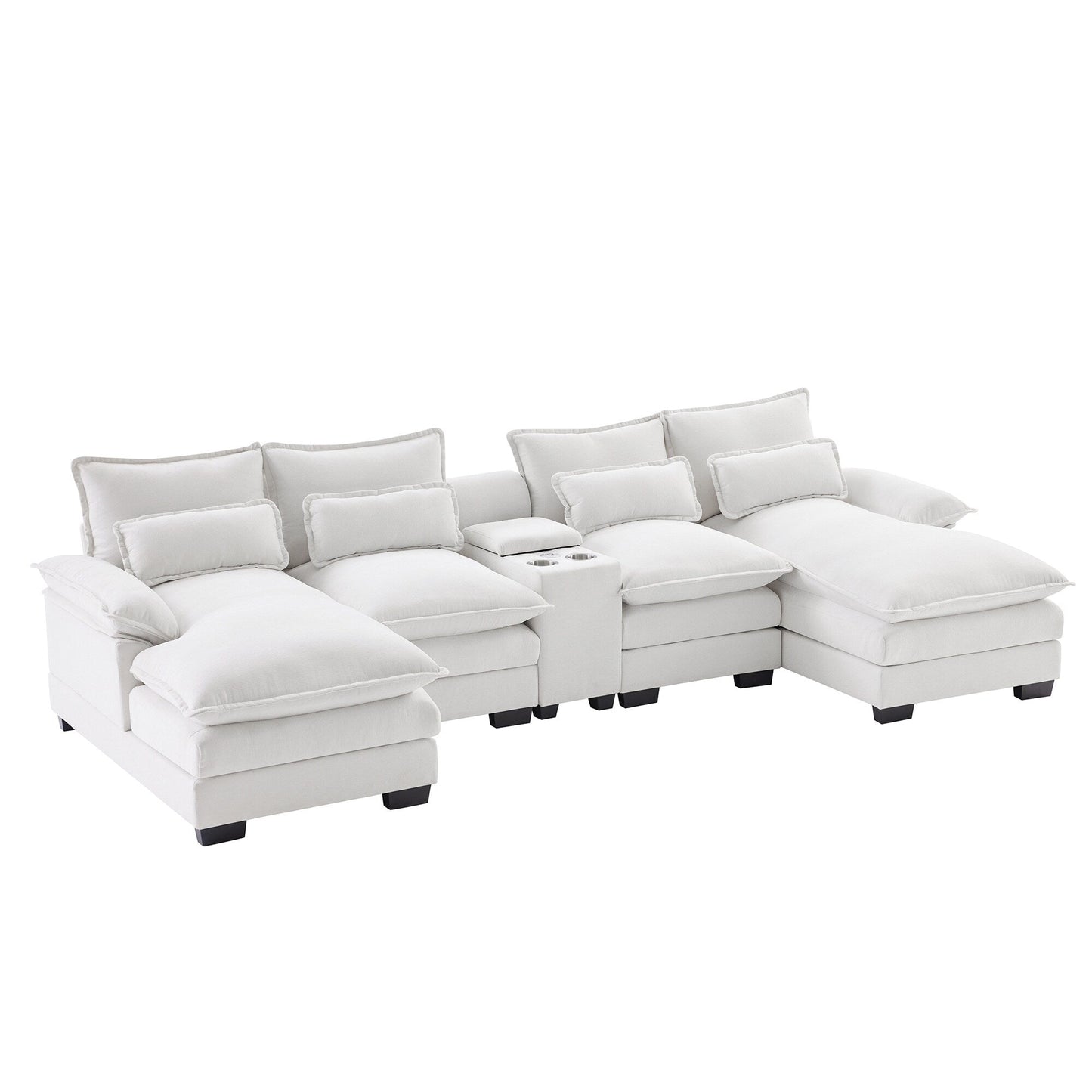 Divano a U con consolle, portabicchieri e porte USB, arredamento da interno simmetrico imbottito, set divano letto con chaise longue