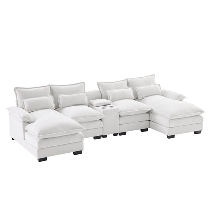 Divano a U con consolle, portabicchieri e porte USB, arredamento da interno simmetrico imbottito, set divano letto con chaise longue